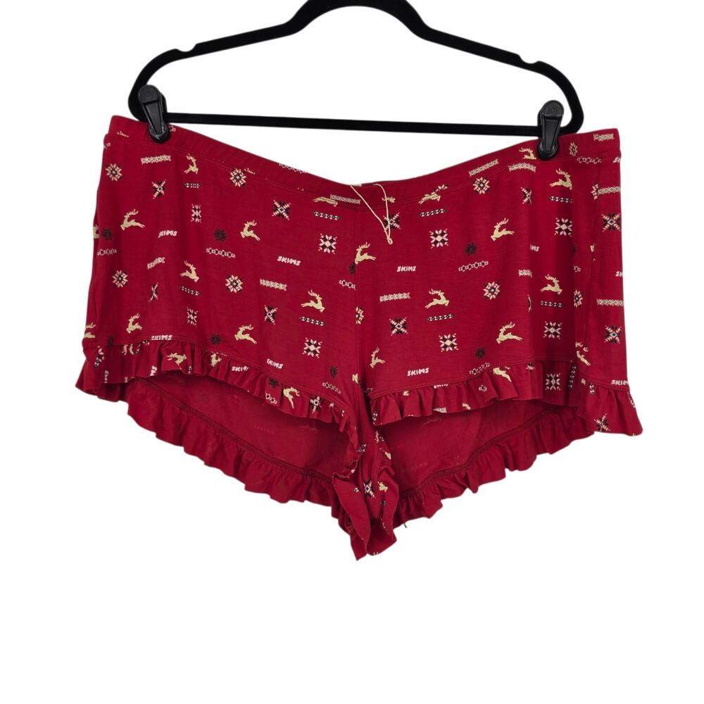NWOT Skims Red Vintage Holiday Deer Print Ruffle Trim Sleep Pajama Short Size XL